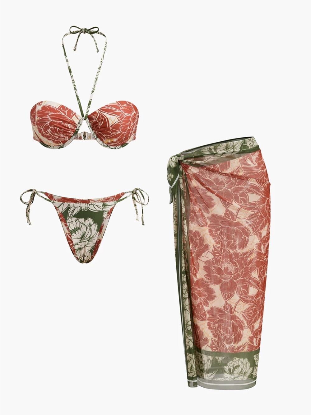 Commense Floral Bikini Set With Tie Side Skirt Size Medium NWT